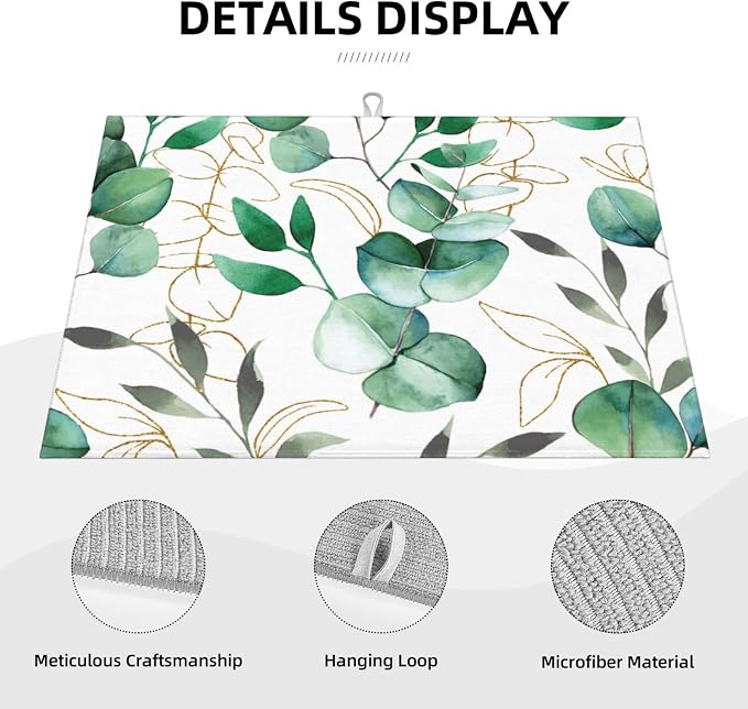 Green Leaves Dish Drying Mat For Kitchen Counter, Super Absorbent Microfiber Dish Drying Pad, Kitchen Gadgets For Easy Clean Multi-Use Large 18"x24"