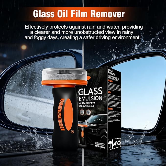 Glass Emulsion Cleaner & Glass Oil Film Remover for Cars – Roll-On Glass Guard with Brush, Removes Oil, Grease & Fog, Anti-Fog Windshield Cleaner for Clear Driving Visibility (Orange)