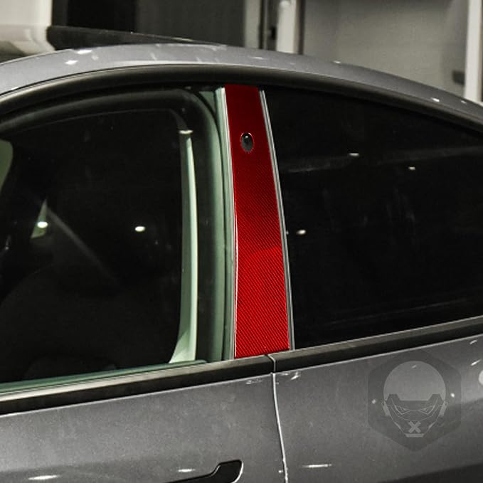 Red Real Carbon Fiber Trim for Tesla Accessories | for Model 3 2017-2022 / Model Y 2020-2024 Door Window B Pillars Sticker Exterior Thick Overlay Decal