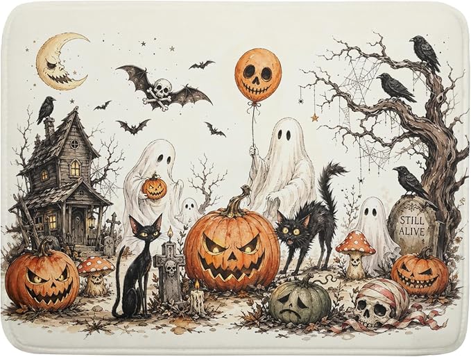Giwawa Halloween Pumpkin Ghost Dish Drying Mat Black Cat Microfiber Dishes Pad 18x24 Inch Holiday Dish Drainer Rack Mats for Kitchen Counter Sink