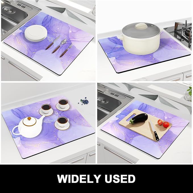Rnivvi Dish Drying Mat for Kitchen Counter, 16 x 18" Cute Marble Theme Absorbent Heat Resistant Drying Pad with Non-slip Rubber, Coffee Bar Mats for Coffee Machine Dish Rack Kitchen Decor, Purple