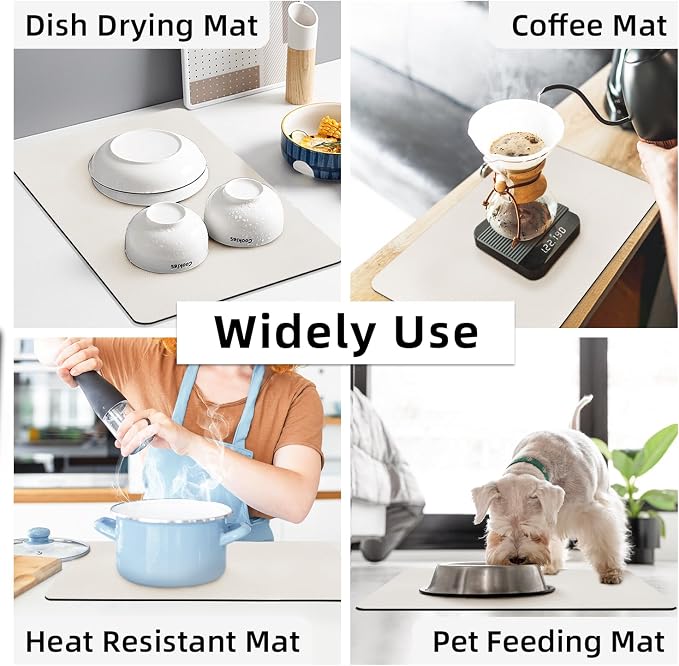 LOPNUR Kitchen Dish Drying Mat, 24"x16" Dish Drying Mats for Kitchen Counter, Diatomite Coffee Mat, Super Absorbent Dish Drying Pad, Heat Resistant Mat with Anti-slip Rubber Backed, Cream White