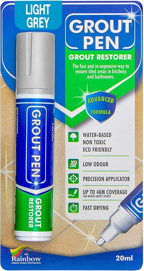Grout Pen Light Grey Tile Grout Paint Marker - Wide 15mm Tip (20ml) | Waterproof Grout Line Refresher for Kitchen & Bathroom, Colorant and Sealer Pens for Cleaner Looking Grout Lines - Light Grey