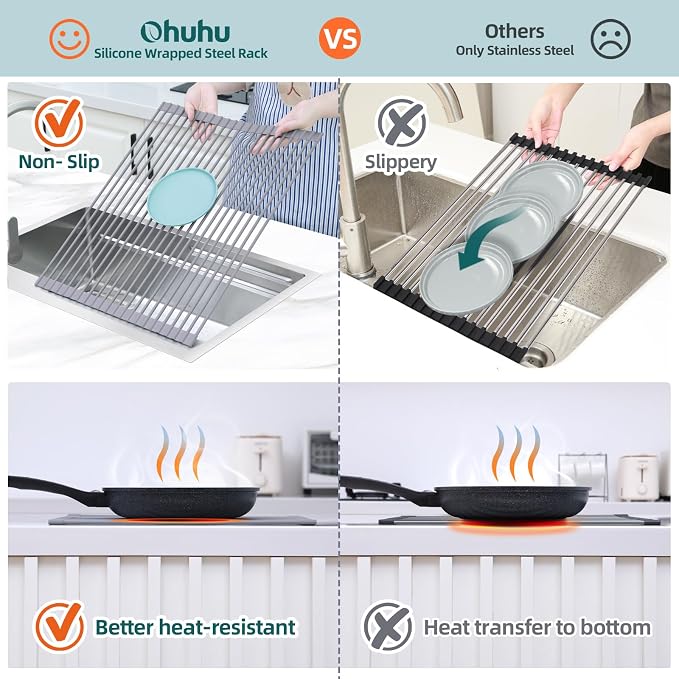 Ohuhu Sink Drying Rack, 20.5" W x 16.1" L Over The Sink Roll-Up Dish Drainer - Rolling Foldable Sink Accessories Heat-Resistant Mat Anti-Slip Silicone Coated Multipurpose for Kitchen Counter