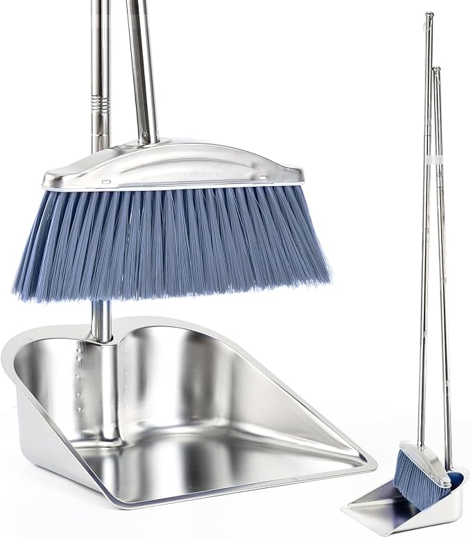 VOOWO Broom with Dustpan Combo Set, 46" Stainless Steel Broom and Dustpan Set for Home, Heavy Duty Dust Pan with Long Handle, Broom for Sweeping Indoor and Outdoor, Kitchen Broom and Dust Pan (Grey)