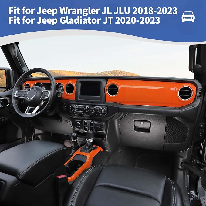 RT-TCZ for Wrangler JL Dash Trim Cover Orange, Gear Shift Panel Trim Frame for Jeep Wrangler JL JLU Gladiator JT 2018-2023 Orange Interior Accessories 3pcs