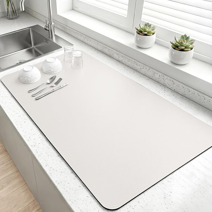 LOPNUR Kitchen Dish Drying Mat, 31.5"x17" Dish Drying Mats for Kitchen Counter, Diatomite Coffee Mat, Super Absorbent Dish Drying Pad, Heat Resistant Mat with Anti-slip Rubber Backed, Cream White