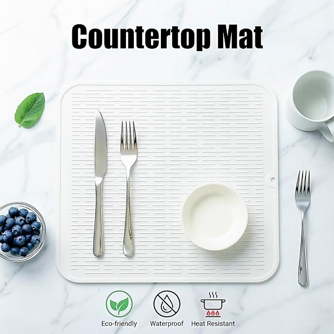 MicoYang Silicone Dish Drying Mat for Multiple Usage,Easy clean,Eco-friendly,Heat-resistant Silicone Mat for Kitchen Counter or Sink,Refrigerator or Drawer Liner White XL 18 inches x 16 inches