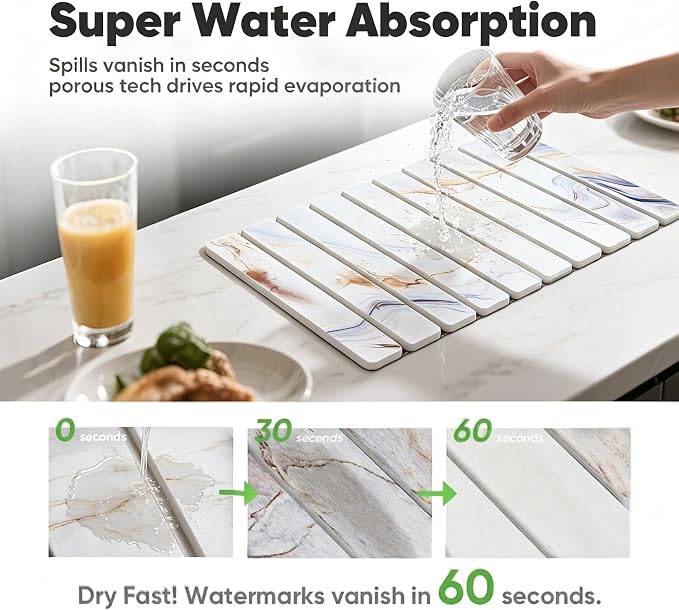 Stone Drying Mat for Kitchen Counter, Quick Diatomaceous Earth Mats for Dishes, 24"L x 16" W Super Absorbent Fast-Drying Collapsible Countertop Stone Mat (Marble White-05, 24" x 16")
