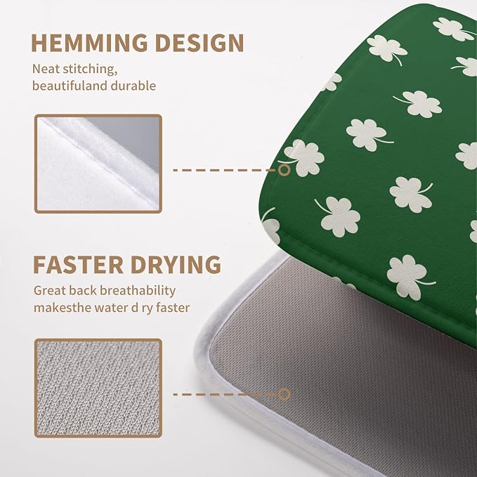 St Patrick Shamrock Drying Mat for Kitchen Counter Green White Lucky Clover Drying Dish Mat St Patricks Day Absorbent Microfiber Dish Drying Pad Reusable Dry Mat 16 x 18 Inch