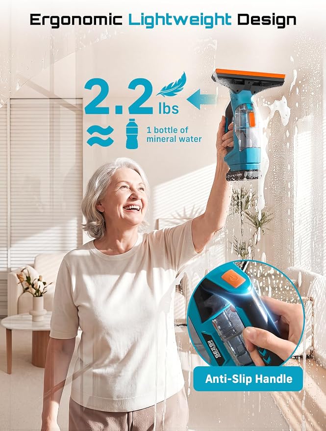 SEESII Cordless Window Vacuum Squeegee 2X 2000mAh for Glass Window | 11" and 6.7" Squeegees, 2000Pa, 120Mins, Two Batteries,150ml Water Tank