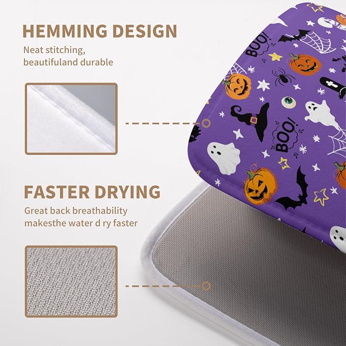 Halloween Dish Drying Mat for Kitchen Counter Cute Cat Boo Bats Skull Drying Mats Purple Fall Holiday Dishes Drying Pad Microfiber Absorbent Reversible Dish Drainer Rack Mat 16"x18"
