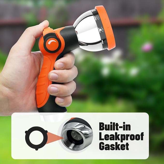 Besiter Garden Hose Nozzle, Hose Sprayer Nozzle with 10 Spray Patterns, Thumb Control On Off Valve, High Pressure Metal Water Hose Nozzle for Car Wash, Plants, Pets & Outdoor Cleaning, Orange