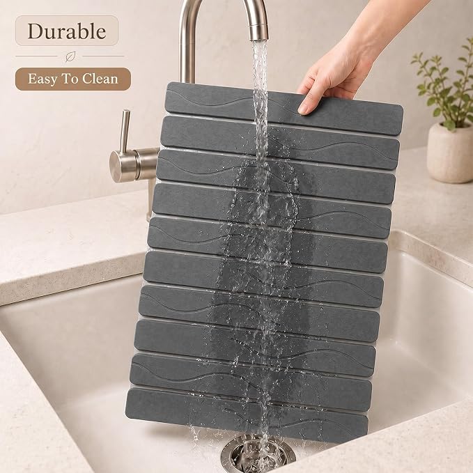 Large Stone Dish Drying Mat for Kitchen Counter, 2PCS Quick Dry Stone Dishes Mat, Foldable Water Absorbing Diatomaceous Drying Organizer Pad for Plates Rack Bottles Utensils(Wave, 24"×16" & 8"x4")