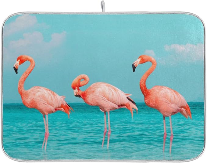 Absorbent Dish Drying Mat for Kitchen Counter - Blue Beach Flamingos Microfiber Drying Pad, Reversible Drainer Mats for Countertop, Lager 18 x 24 inch