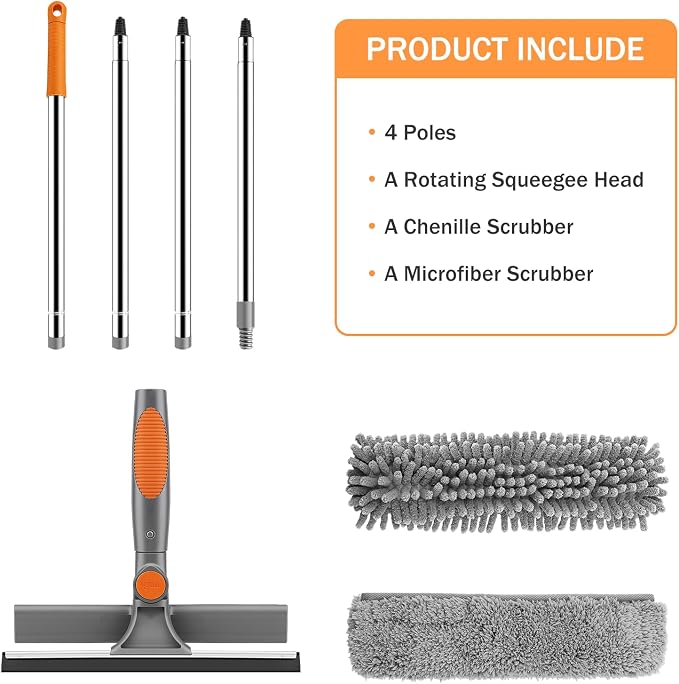 SetSail Window Squeegee with 66in Extension Pole 2-in-1 Window Cleaning Kit | Professional Window Cleaner Tool for Outdoor Indoor Car Windows Glass, Rotatable Head and 2 Scrubbers, Grey Orange