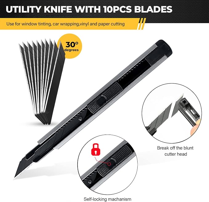 Gomake Vehicle Vinyl Wrap Window Tint Film Tool Kit Include 4 Inch Felt Squeegee, Retractable 9mm Utility Knife and Blades, Zippy Vinyl Cutter and Mini Go Corner Squeegee for Car Wrapping