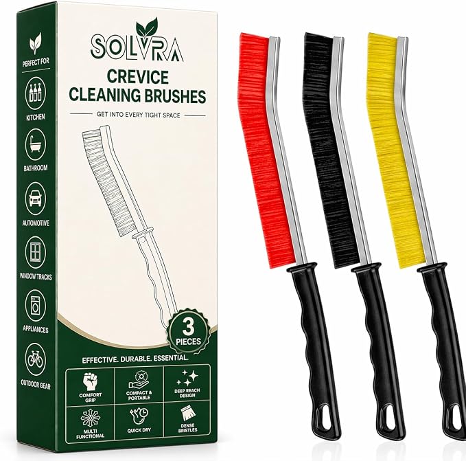 Crevice Cleaning Brush Set – 3Pcs Hard Bristle Cleaning Tools in Red, Black & Yellow for Grout, Tile Floors, Gaps & Narrow Spaces – Small Grout Scrub Brush for Bathroom, Shower, Window Tracks, Kitchen