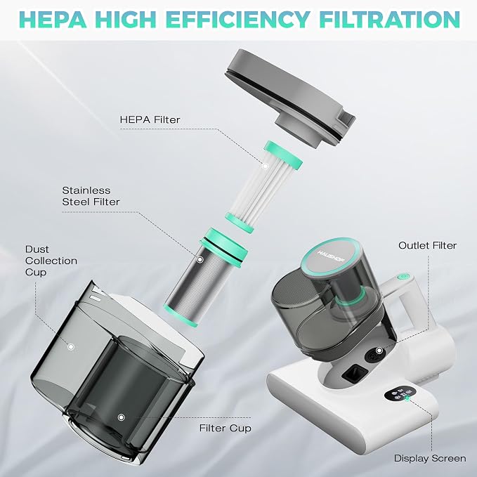 HAUSHOF Mattress Vacuum Cleaner, 16 Kpa Bed Vacuum Cleaner | 275nm UV-C Light, 140°F Heat, Ultrasonic, HEPA Filter, Dual Dust Cups, Versatile Handheld Vacuums for Bed, Sofa, Couch