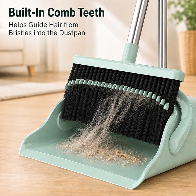 Broom and Dustpan Set, 52-Inch Long Handle, Comb Teeth, Green | Comb teeth help sweep pet hair, dust and crumbs on hard floors