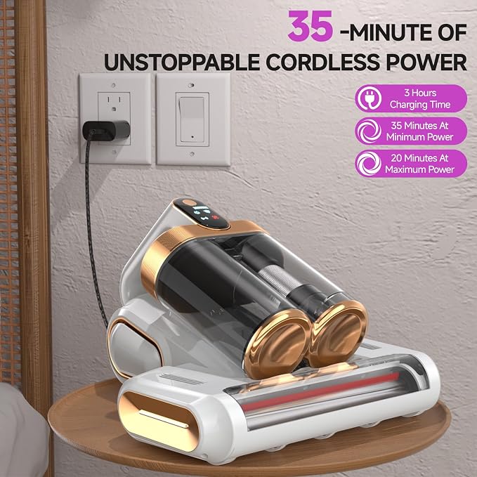 Mattress Vacuum Cleaner - 16Kpa Bed Vacuum with 253.7nm UV-C Light, 140°F Heat, Ultrasonic Tech & Hepa Filter, Portable Handheld Couch Cleaners for Pet Carpet Sofa Hair Home (White/G-Cordless)
