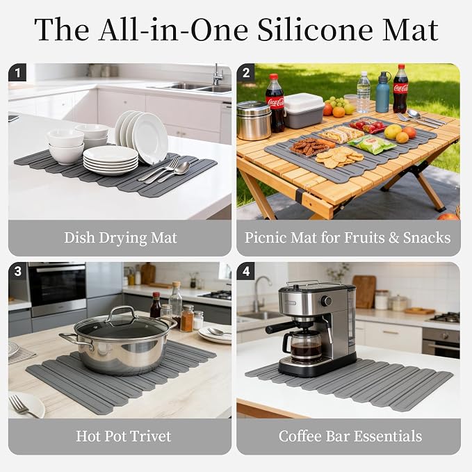 Silicone Dish Drying Mat for Kitchen Countertop - Waycco Large Customizable (Foldable & Trimmable) 23.6"x15.8" Heat Resistant Non-Slip Sink Mat for Dishes Cups & Fruits, Dishwasher Safe, Dark Grey