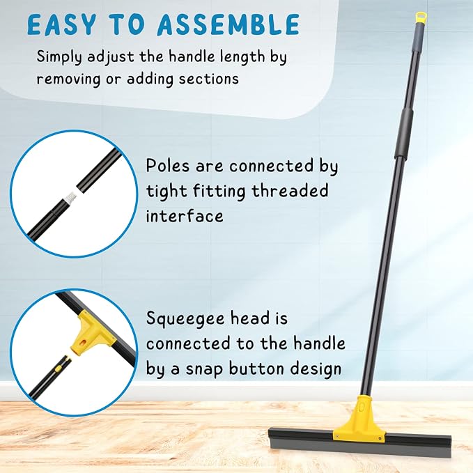 Squeegee Broom for Floor, 18'' Heavy Duty Rubber Wiper with 60'' Long Handle for Bathroom Tile, Garage Concrete, Deck, Shower Glass, Window Cleaning