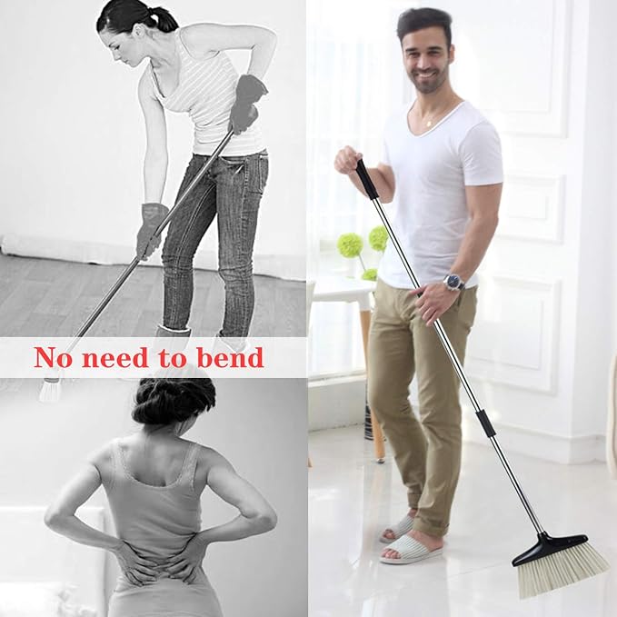 Broom and Dustpan Set 52-in Long Adjustable Handle Broom Dustpan Combo | Upright Dustpan with Teeth to Automatically Clean Hair, Dust Pan with Lid, Suitable for Home Kitchen Office Hall Floor