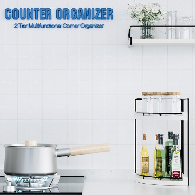 Corner Bathroom Counter Organizer, 2 Tier Wood Vanity Storage, Waterproof Skincare Shelf for Kitchen & Toiletries Decor, Dresser (White-2 Tier)
