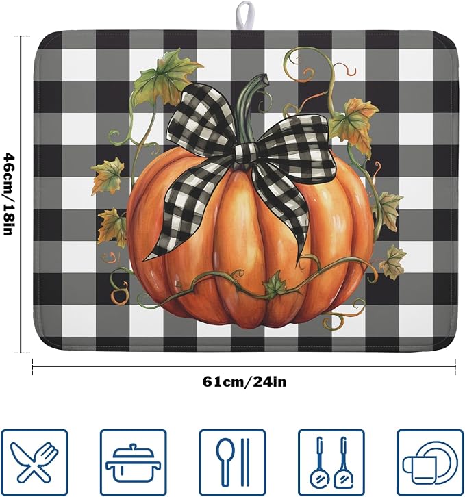 Fall Drying Mats for Kitchen Counter Fall Pumpkin Dish Drying Mat 18 x 24 Inch Autumn Black White Buffalo Check Dish Rack Mat Drainer Pad Thanksgiving Absorbent Microfiber Table Mat for Coffee Bar