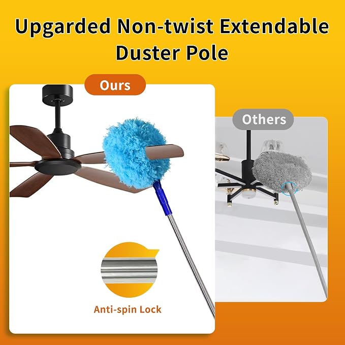 Tiumso Ceiling Fan Cleaner Dusters for Cleaning 6-in-1 Kit, Cobweb Duster with Extension Pole, 100 Inches High Ceiling Fan Blade Cleaners with 5 Reuseable Dusting Heads for Windows and Blinds- Blue