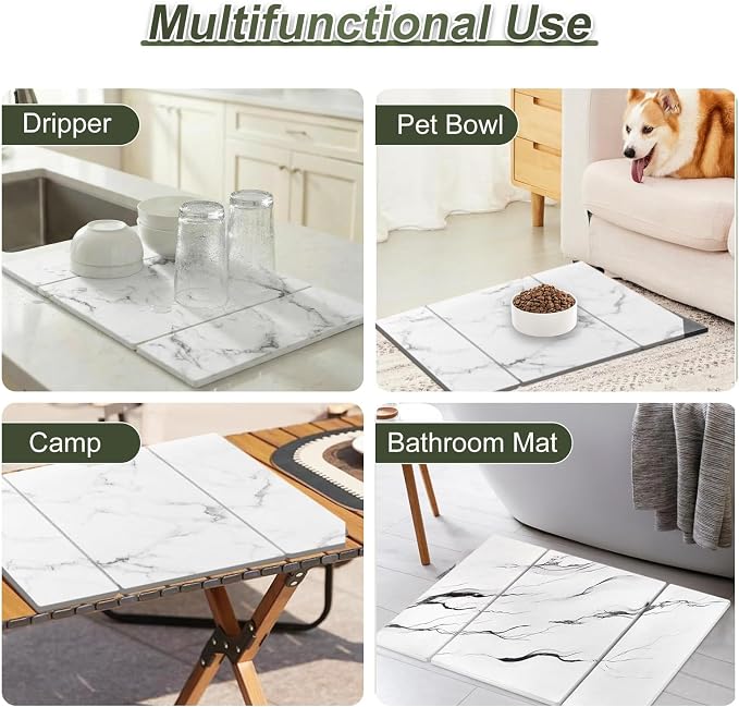 Dish Drying Mat Large Stone Dish Drying Mat For Kitchen Counter Collapsible Quick-Drying Sleek Diatomaceous Versatile Stone Drying Mats For Cups Dishes Bottles Marble (white, 16"×19")