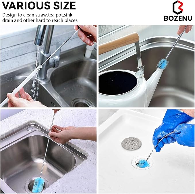 Flexible Drain Brush, 66 Inch Long Double Ended Hose Pipe and 58 Inch Tube Cleaning Brush and 2 Pack 8 Inch Straw Cleaner Brush