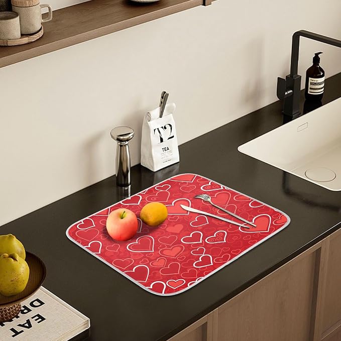 Red Hearts Cute Dish Drying Mat for Kitchen Counter Absorbent Microfiber Large Drying Pad Dish Mats for Kitchen Countertops 18 x 24 Inch