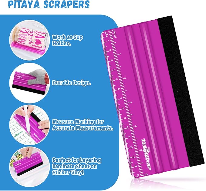TECKWRAP Professional Felt Squeegee for Vinyl, 20 PCS | Plastic Felt Squeegee Tool, For Decals Inkjet Vinyl Sticker Paper, Wallpaper Application Tools, 6" Pitaya×10 & 4" Blue×10