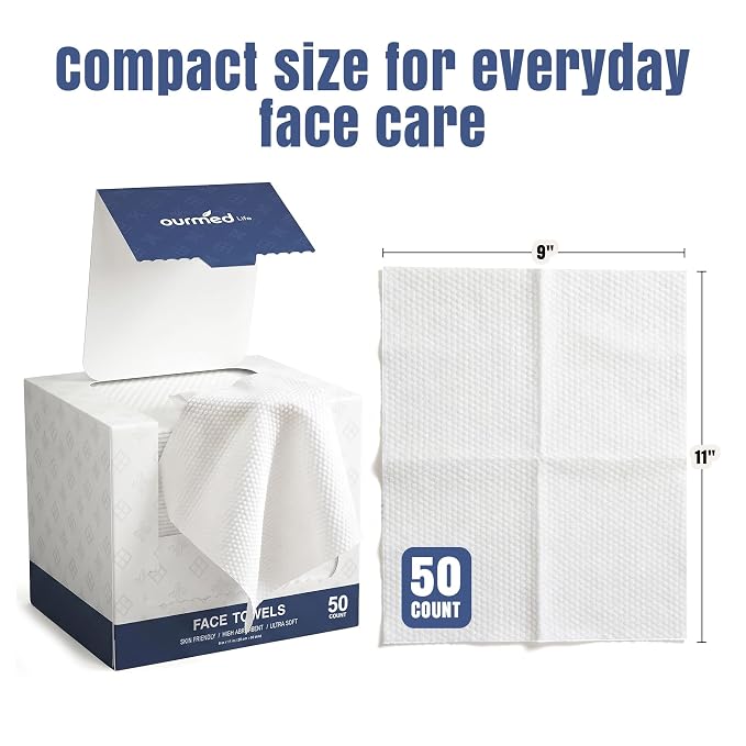 Ourmed Life Face Towels, 11"×9" Disposable Face Towel – Ultra-Soft, Thickened Facial Towelettes, Lint-Free Dry Wipes for Sensitive Skin, Ideal for Makeup Removal & Skincare (50 Count, 1 Pack)