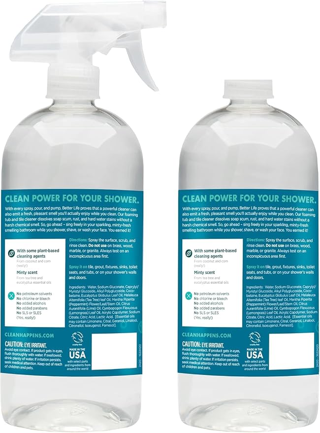 BETTER LIFE Bathroom Cleaner - Tea Tree Bathtub & Shower Cleaner Spray for Glass and Tile - Foaming Mold and Mildew Remover for Tub Works on Hard Water Stains - 32oz, Pack of 1