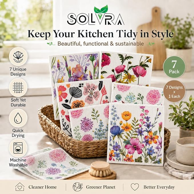 7 PCS Flower Print Swedish Dishcloths for Kitchen 100% Biodegradable, Reusable Cellulose Sponge Cloths Ultra Absorbent, Eco Friendly Cleaning Towels Dishcloths for Washing Dishes & General Cleaning