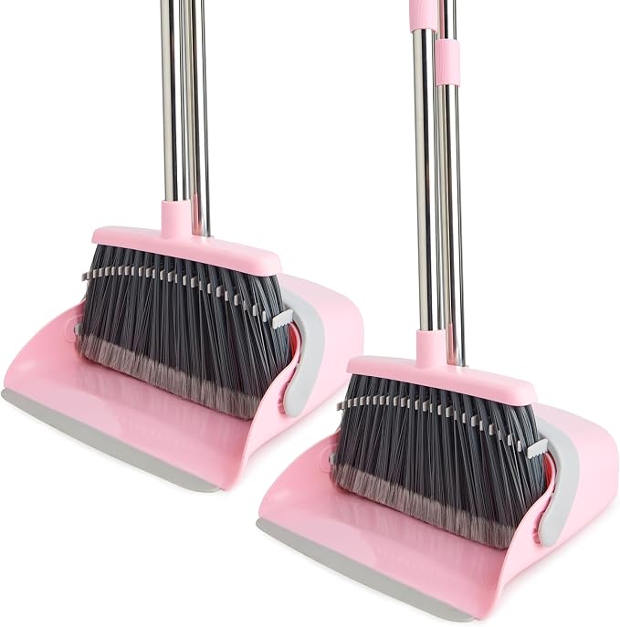 2-Pack Broom and Dustpan Combo Set,51" Long Handle,Grey Pink | Standing Dustpan, Heavy Dust,House Accessories for Home, Kitchen, Office, Pet Hair