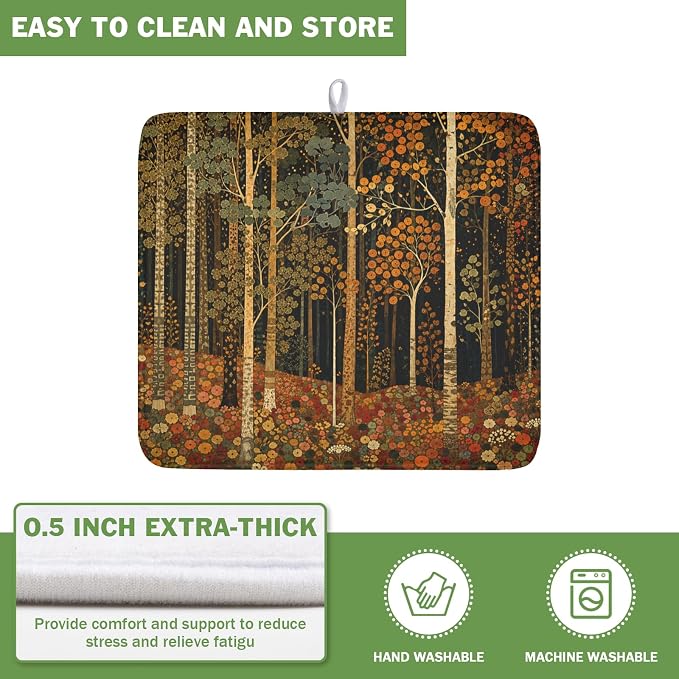 Fall Dish Drying Mat for Kitchen Counter Autumn Forest Vintage Botanical Nature Microfiber Dish Drainer Mat Antique Rustic Farmhouse Absorbent Washable Drying Pad 16"x18"