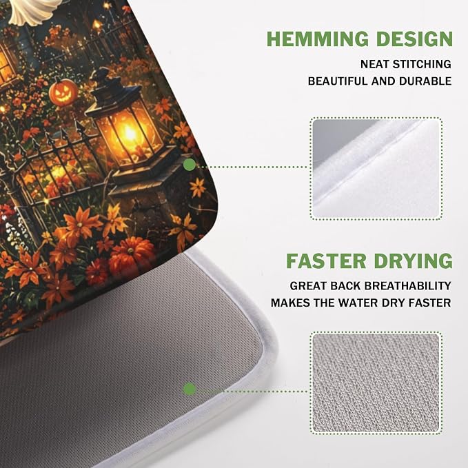 Halloween Dish Drying Mat for Kitchen Counter Seasonal Holiday Fall Spooky Pumpkin Ghost Microfiber Dish Drainer Mat Vintage Rustic Absorbent Washable Drying Pad 16"x18"