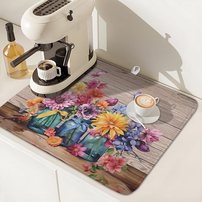 Purple Floral Wooden Board Dish Drying Mat 16x18 Inch | Vases，Vintage，Polyester，Absorbent Microfiber，for Kitchen Coffee Dining Bar Decor