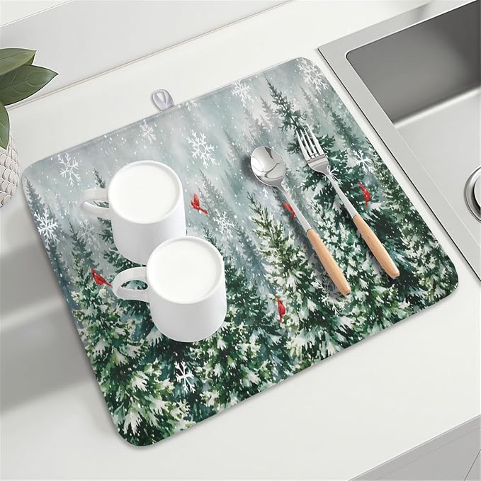 Winter Forest Snowflake Dish Drying Mat for Kitchen Counter 16"x18" | Christmas Green Pine Trees Birds Dish Drainer Mat Rustic Winter Holiday Absorbent Washable Drying Pad