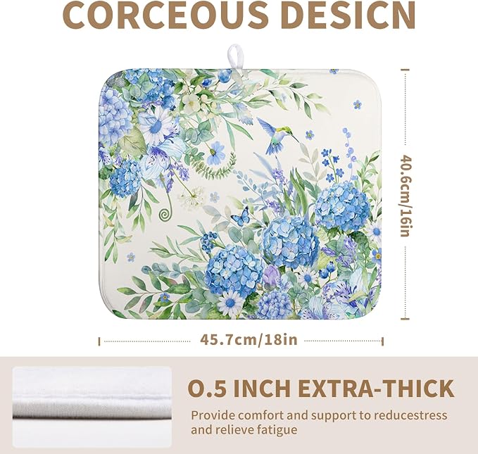 Blue Hydrangea Dish Drying Mat for Kitchen Counter 16 x 18 Inch Spring Floral Hummingbird Butterfly Absorbent Microfiber Dish Mat Reversible Washable Heat Resistant Dry Pad for Coffee Bar