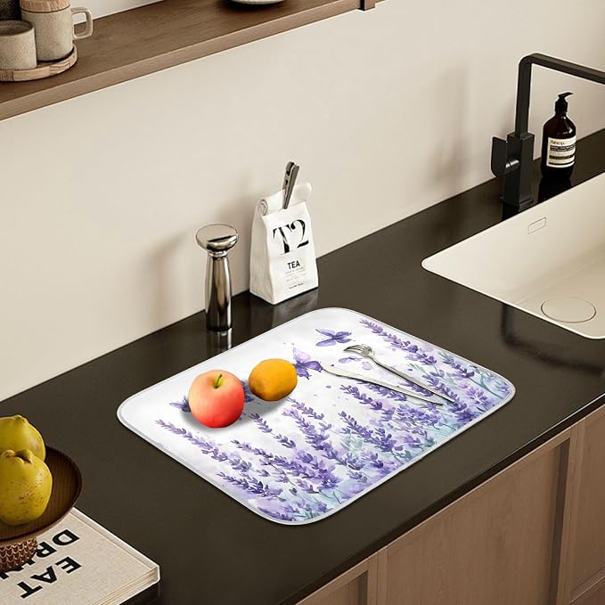 Purple Lavender Spring Summer Flower Floral Dish Drying Mat for Kitchen Counter Absorbent Microfiber Large Drying Pad Dish Mats for Kitchen Countertops 18 x 24 Inch
