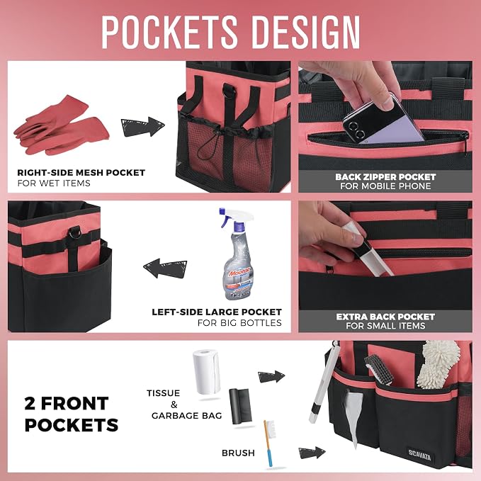 SCAVATA Compact Wearable Cleaning Caddy with Handle & Shoulder Straps | Small Cleaning Supplies Organizer, Under Sink & Car Cleaning Tools Storage Bag for Housekeepers Cleaners, Coral Pink