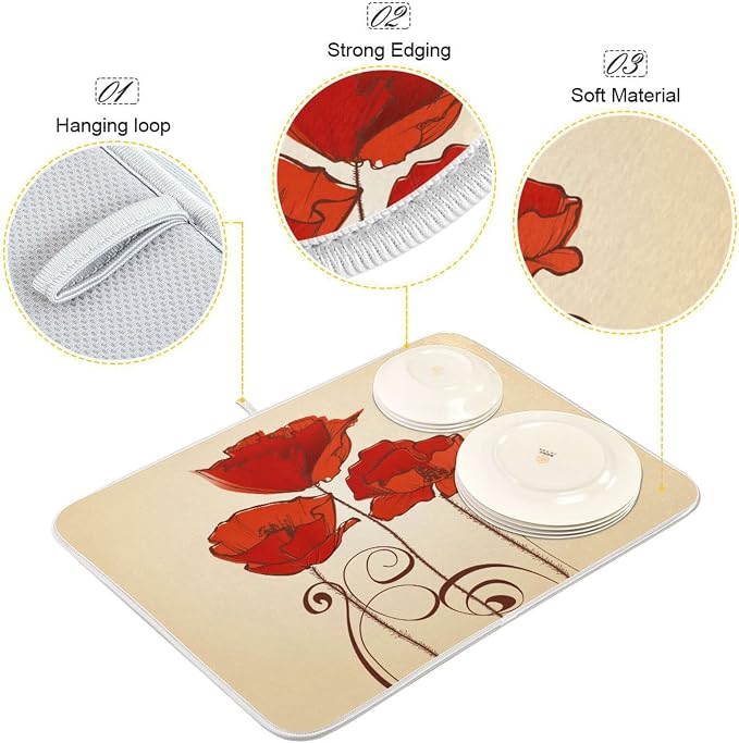Super Absorbent Dish Drying Mat, Microfiber Fast-Drying Dish Mat, 24" x 18", Kitchen Dish Drying Pad, Red Poppy Flowers Retro