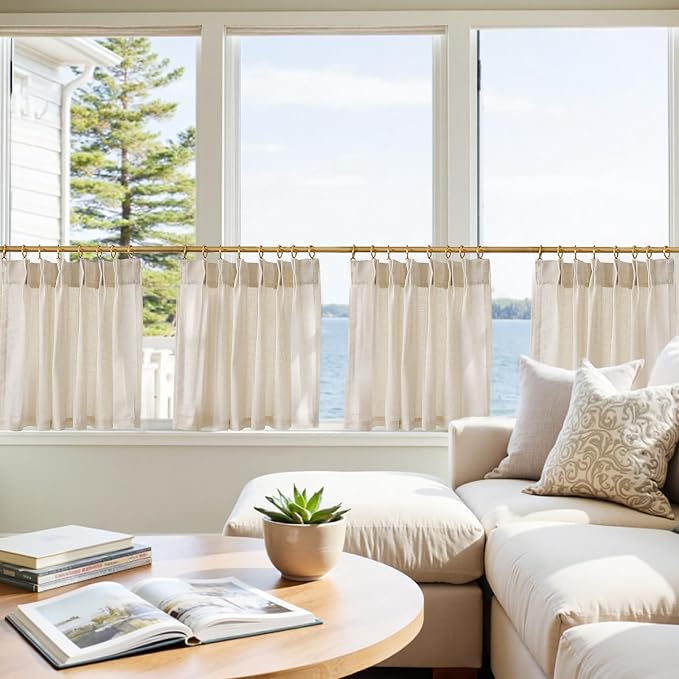 jinchan Pinch Pleated Linen Back Tab Tier Curtains,26x24,4 Panels,Natural | Light filtering,rod pocket,small window treatment,cafe curtains,machine washable,farmhouse,kitchen,bathrooms,laundry