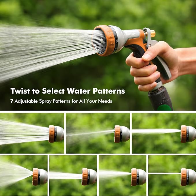 RESTMO Garden Hose Nozzle Heavy Duty, Rear Trigger Water Sprayer, Orange | 7 Adjustable Spray Patterns, Durable Metal, Flow Control, Ideal for Plants & Lawns Watering, Cars & Pets Washing