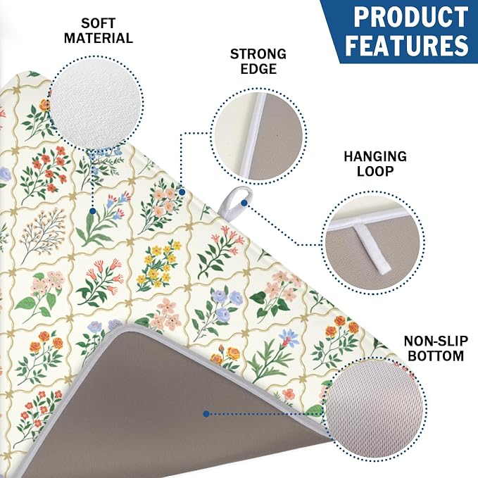 Floral Dish Drying Mat for Kitchen Counter Spring Summer Wild Flowers Diamond Pattern Microfiber Dish Drainer Mat Rustic Absorbent Washable Drying Pad Extra Large 18"x24"